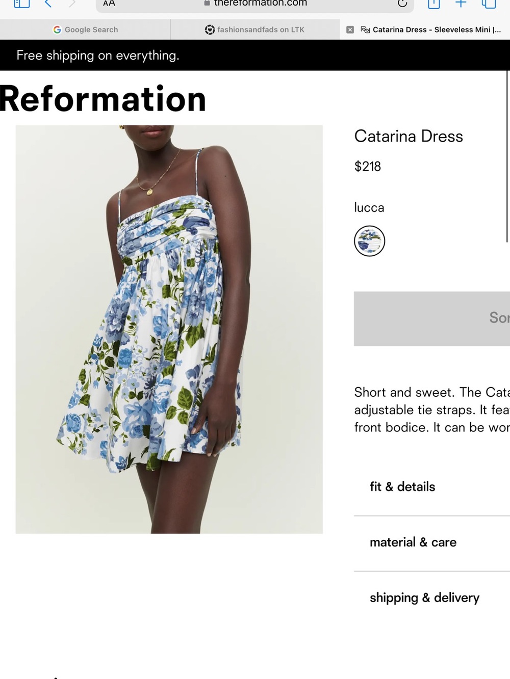 Reformation Blue & Green Floral Catarina Mini Dress
